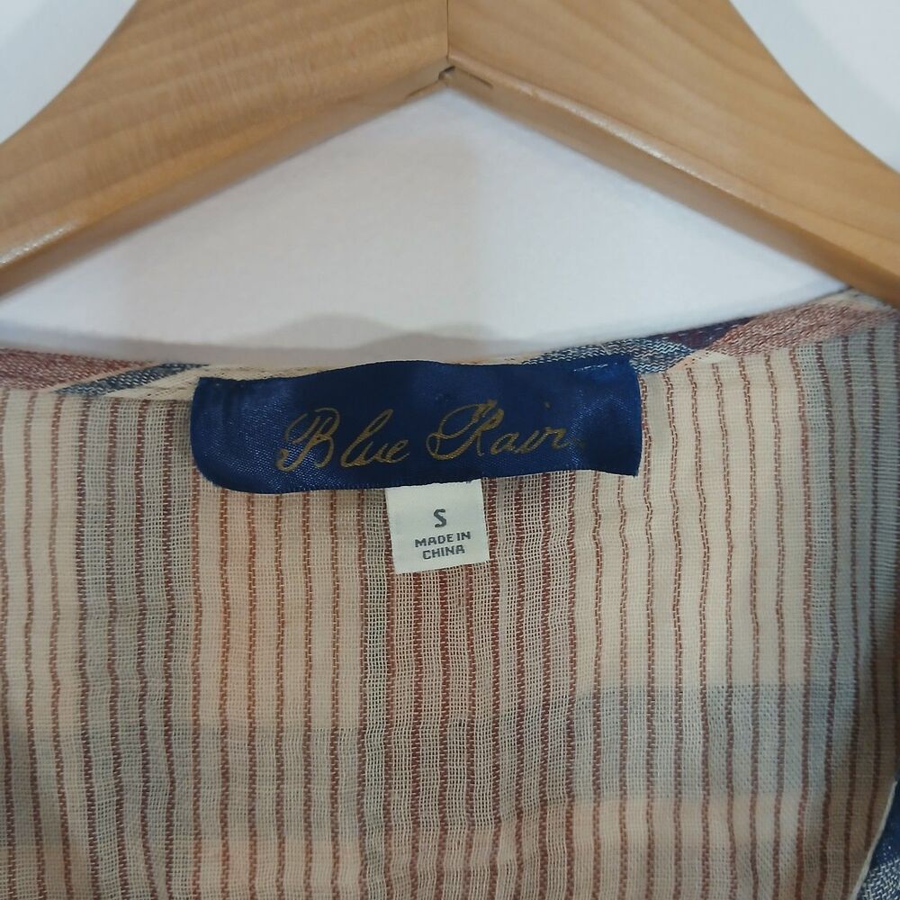 Blue Rain Plaid Wrap Tie Front Top Blouse Small Bell Sleeves Cottagecore Boho - Picture 4 of 6